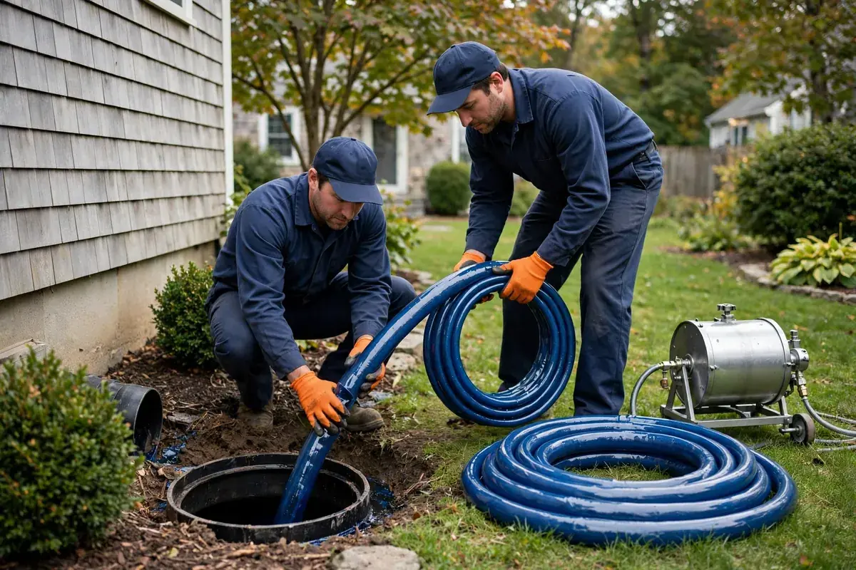 Two technicians feeding a blue resin pipe liner into a sewer cleanout beside a house