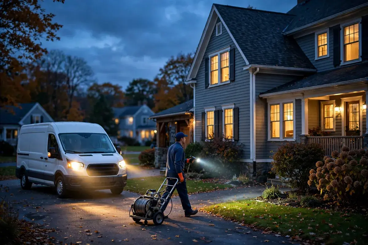 Technician arriving at night with a drain machine at a home with a sewer emergency