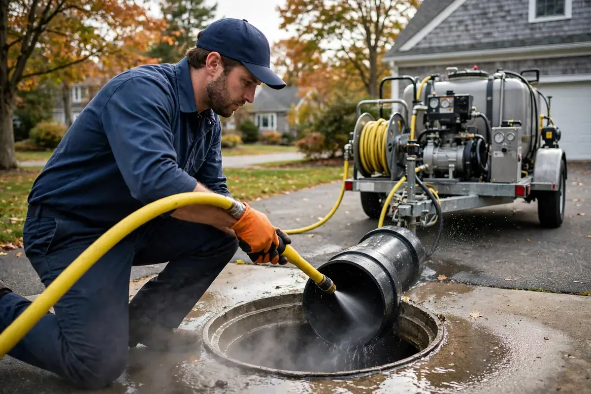 Technician hydro-jetting a sewer line through a cleanout with a trailer jetter behind