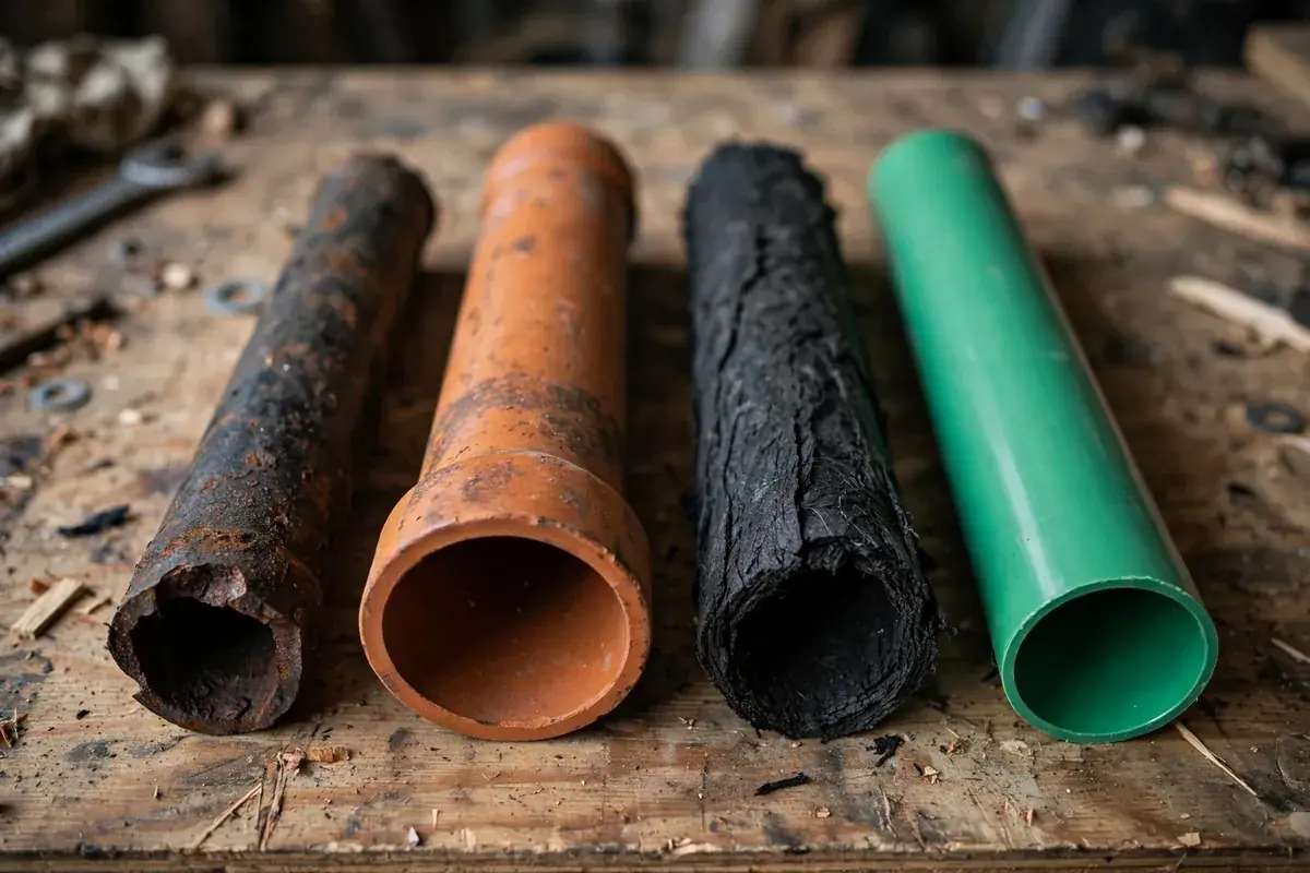 Cast iron, clay, Orangeburg and PVC sewer pipe sections side by side on a workbench