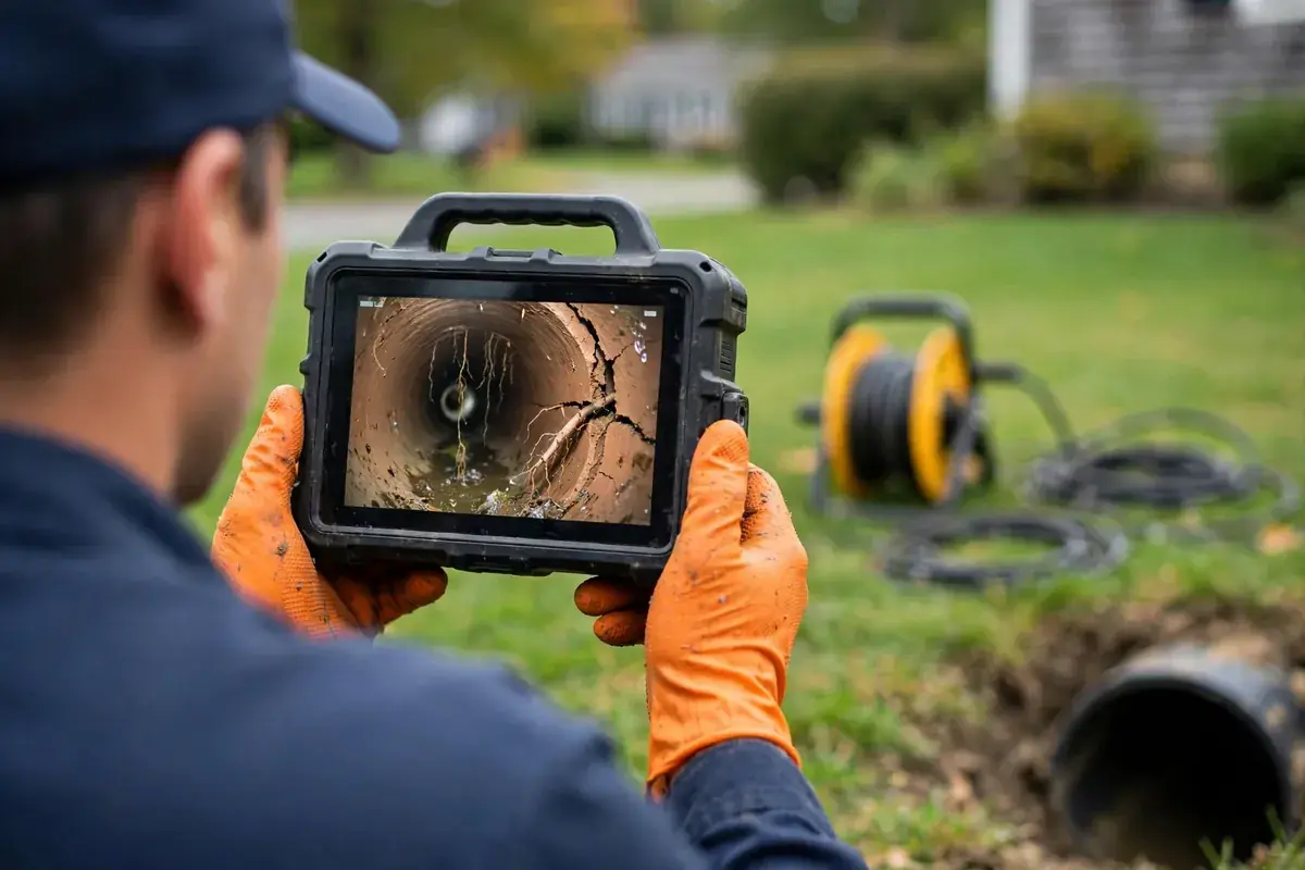 Technician holding a sewer camera monitor showing a crack inside a clay pipe