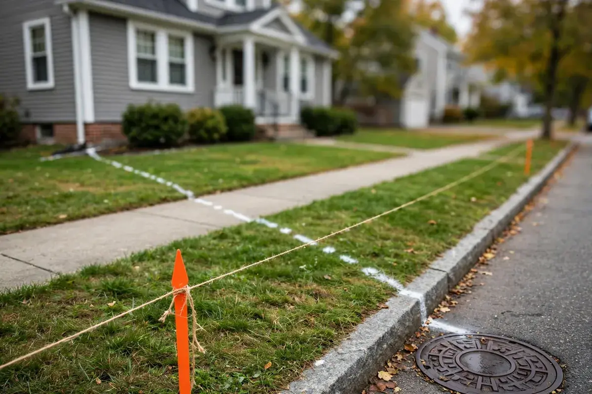Front yard with a property-line stake and paint marks tracing the sewer line to the street manhole